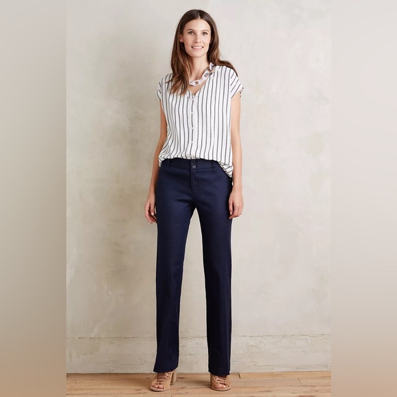 NWT Anthro Elevenses Benton Trousers Navy Double Button Linen / Rayon / Spandex - Picture 2 of 7